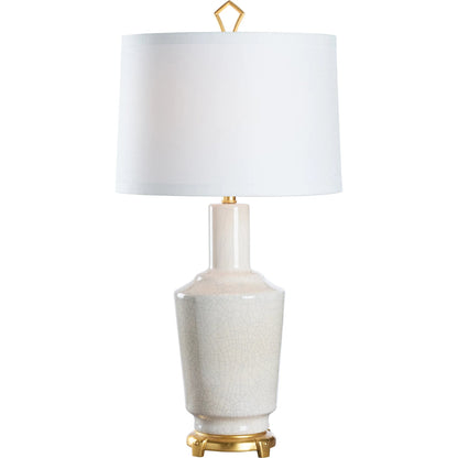 Emma Lamp by Wildwood in crackled snow glaze, antique gold leaf. Made from unique in a unique style.