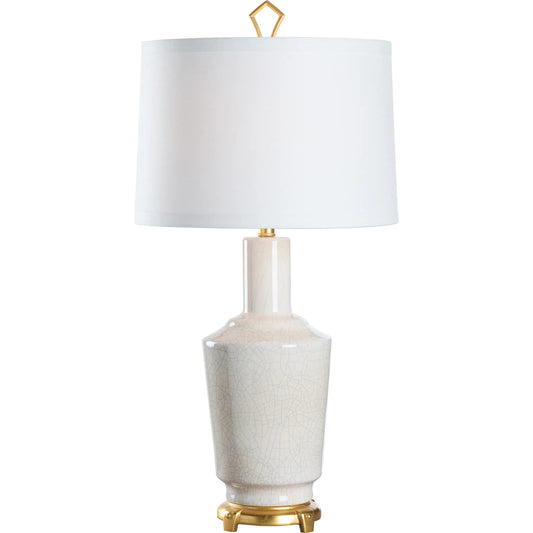 Emma Lamp by Wildwood in crackled snow glaze, antique gold leaf. Made from unique in a unique style.