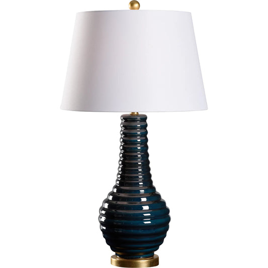 Amelia Lamp by Wildwood in blue glaze, antique gold leaf. Made from unique in a unique style.
