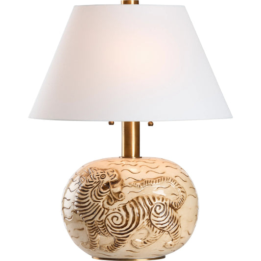 Tibetan Tiger Lamp by Wildwood in antique cream glaze. Made from unique in a unique style.