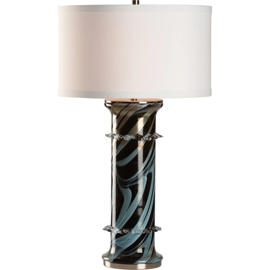 Belluci Lamp by Wildwood in blue, black swirl, polished nickel. Made from unique in a unique style.
