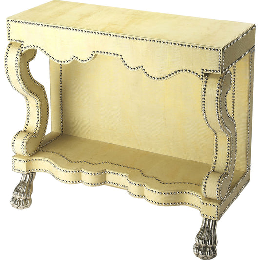 Bonino Console Table by Butler Specialty Company in beige and cosmopolitan. Made from leather, mdf, nickel tacks, aluminium in a traditional style.