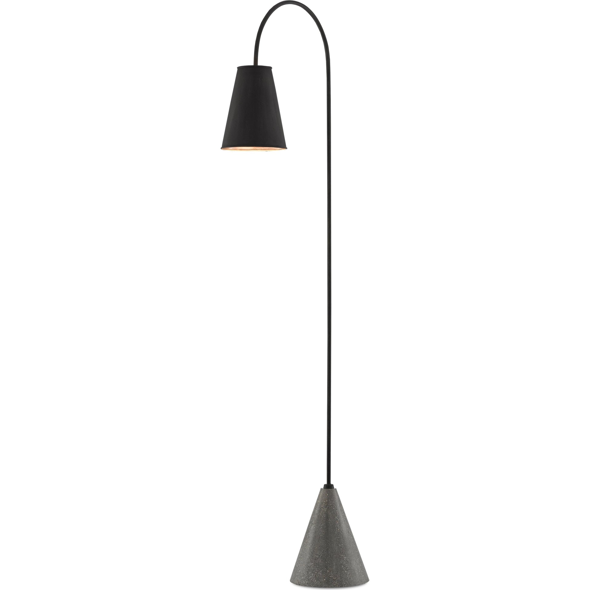 Lotz Floor Lamp by Currey and Company in black iron, silver leaf, polished concrete. Made from wrought iron, concrete in a modern style.