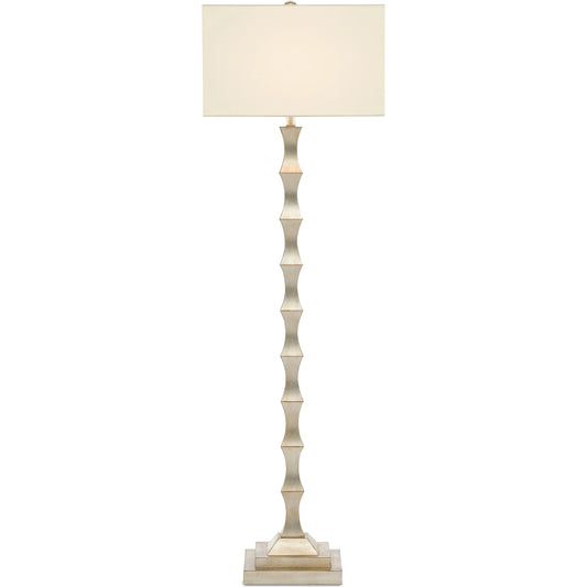 Lyndhurst Floor Lamp by Currey and Company in silver leaf. Made from rubber wood in a modern style.