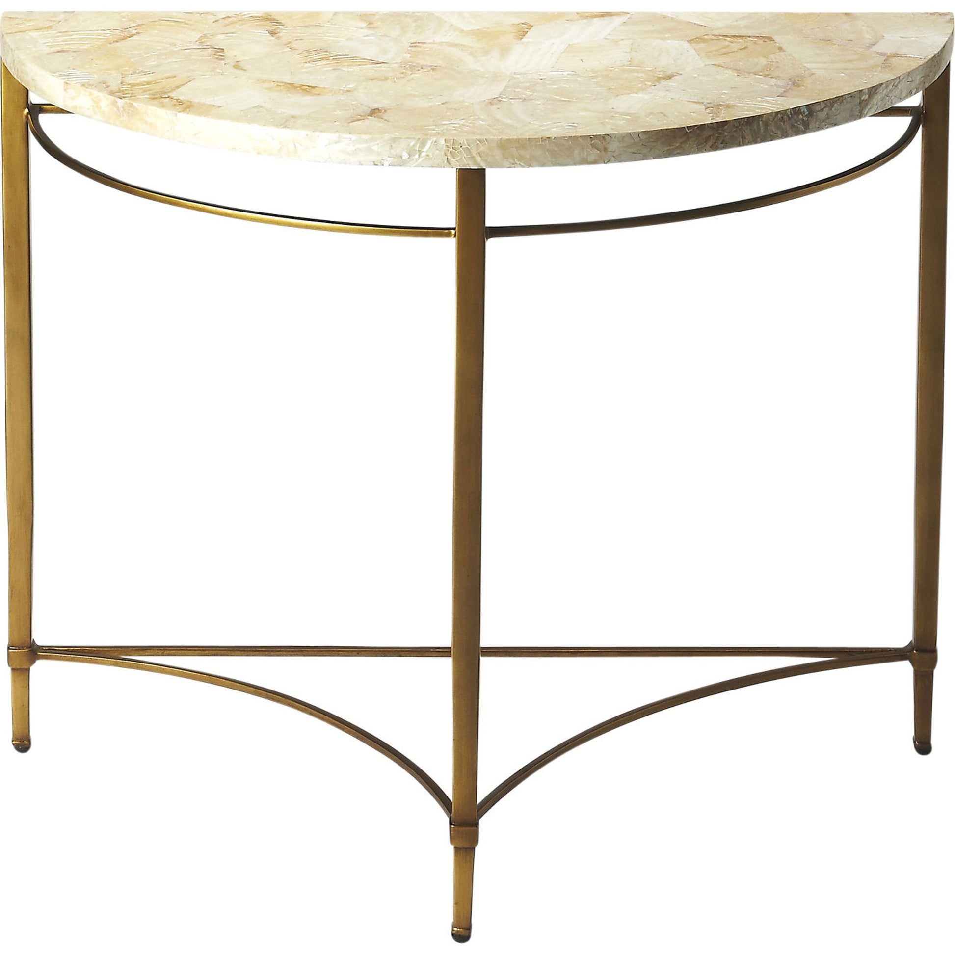 Marlena Cabebe Shell Demilune Console Table by Butler Specialty Company in gold and metalworks. Made from cabebe shell, metal, plywood in a modern style.