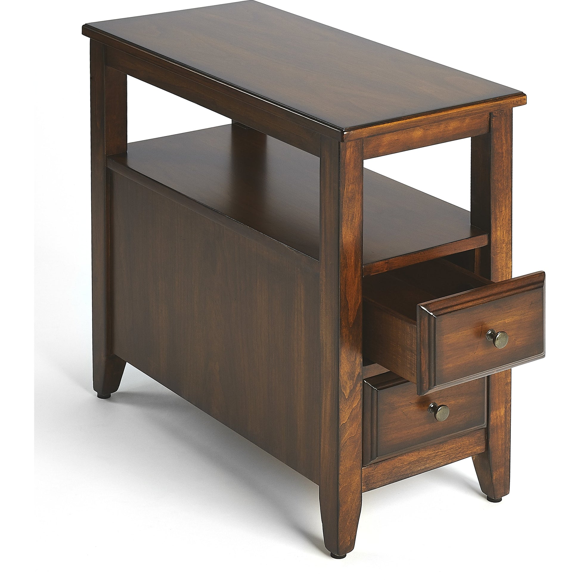 Marcus Antique Cherry Chairside Table by Butler Specialty Company in dark brown and antique cherry. Made from poplar hardwood solids, mdf, cherry veneer in a traditional style.