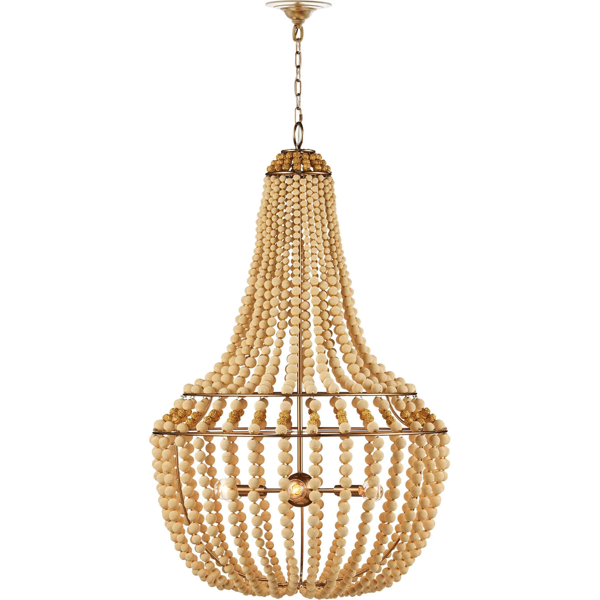 Penelope Chandelier by Currey and Company in beige, antique brass. Made from iron, fabric, brass in a coastal style.