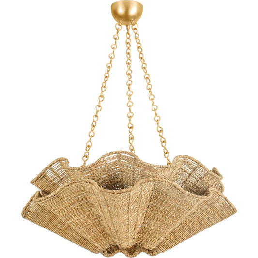 Hayworth Chandelier by Hudson Valley in vintage gold leaf. Made from natural woven in a unique style.