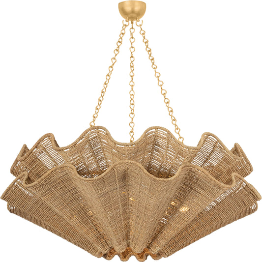 Hayworth Chandelier by Hudson Valley in vintage gold leaf. Made from natural woven in a rustic style.