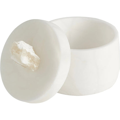 Alabaster Tapered Round Box with Rock Finial by Global Views in white. Made from alabaster in a modern style.