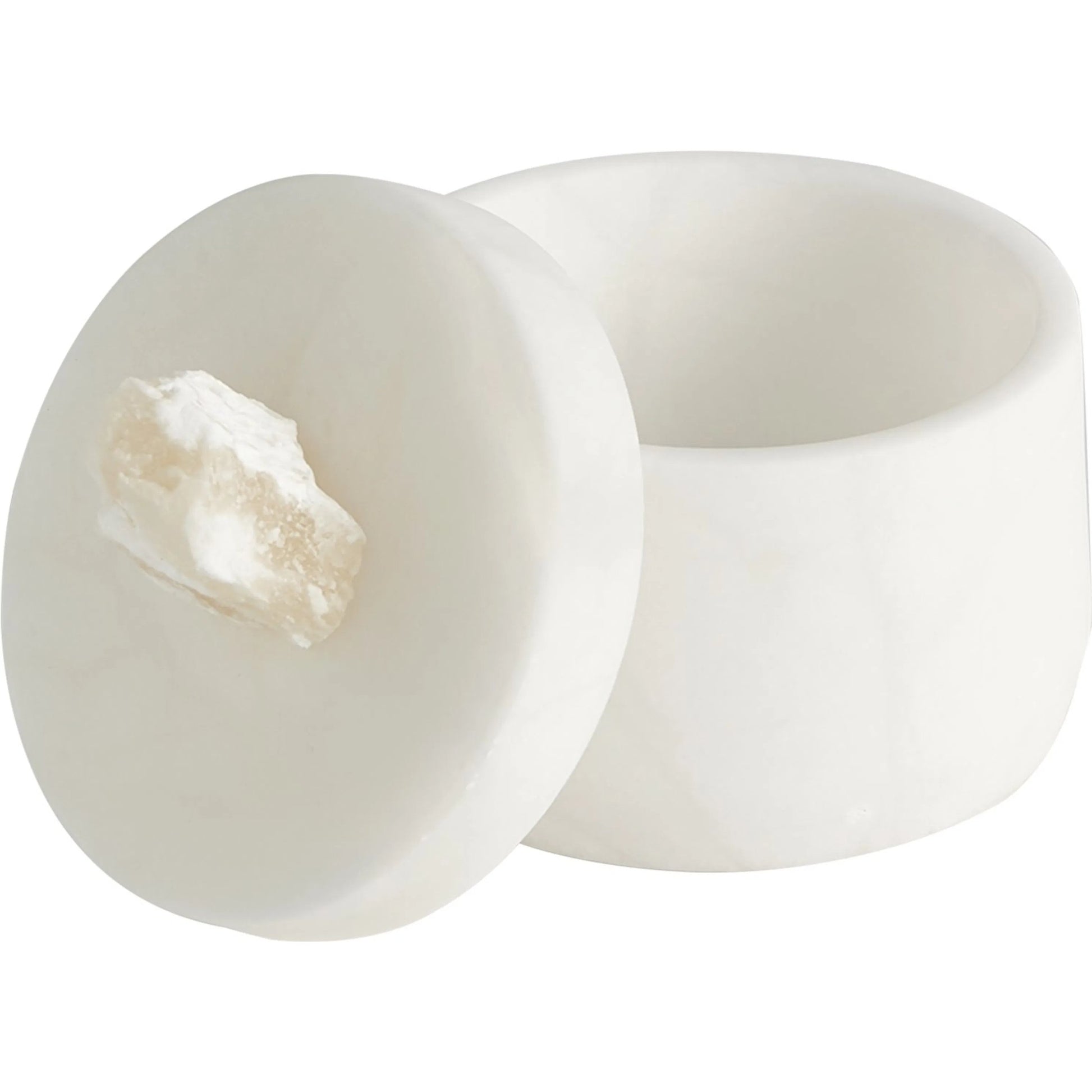 Alabaster Tapered Round Box with Rock Finial by Global Views in white. Made from alabaster in a modern style.