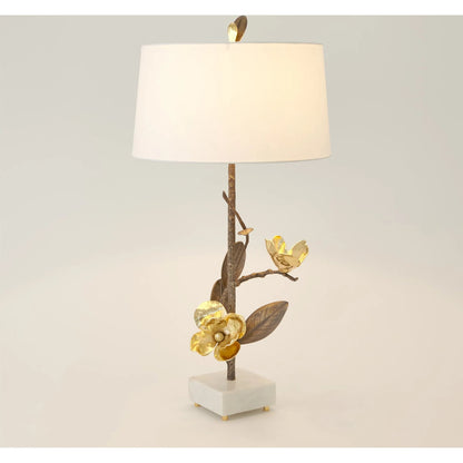Magnolia Flower Table Lamp by Global Views in antique brass, gold. Made from brass, marble in a modern style.
