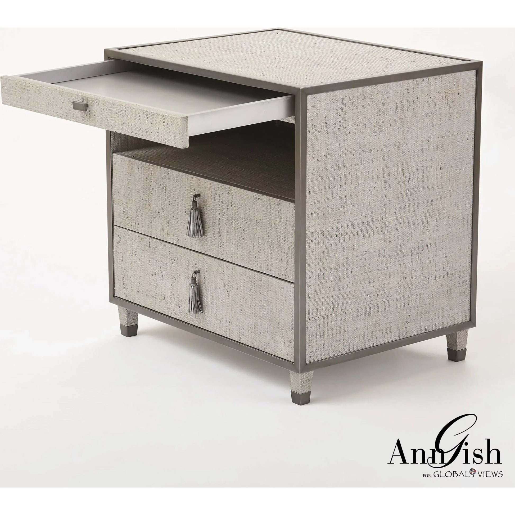 Argento Bedside Chest by Global Views in pewter. Made from acacia, beech, mdf, poplar, raffia, steel in a transitional style.