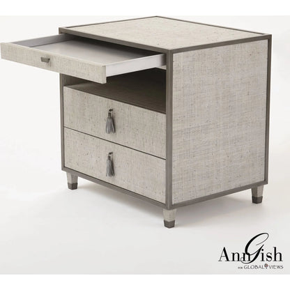 Argento Bedside Chest by Global Views in pewter. Made from acacia, beech, mdf, poplar, raffia, steel in a transitional style.