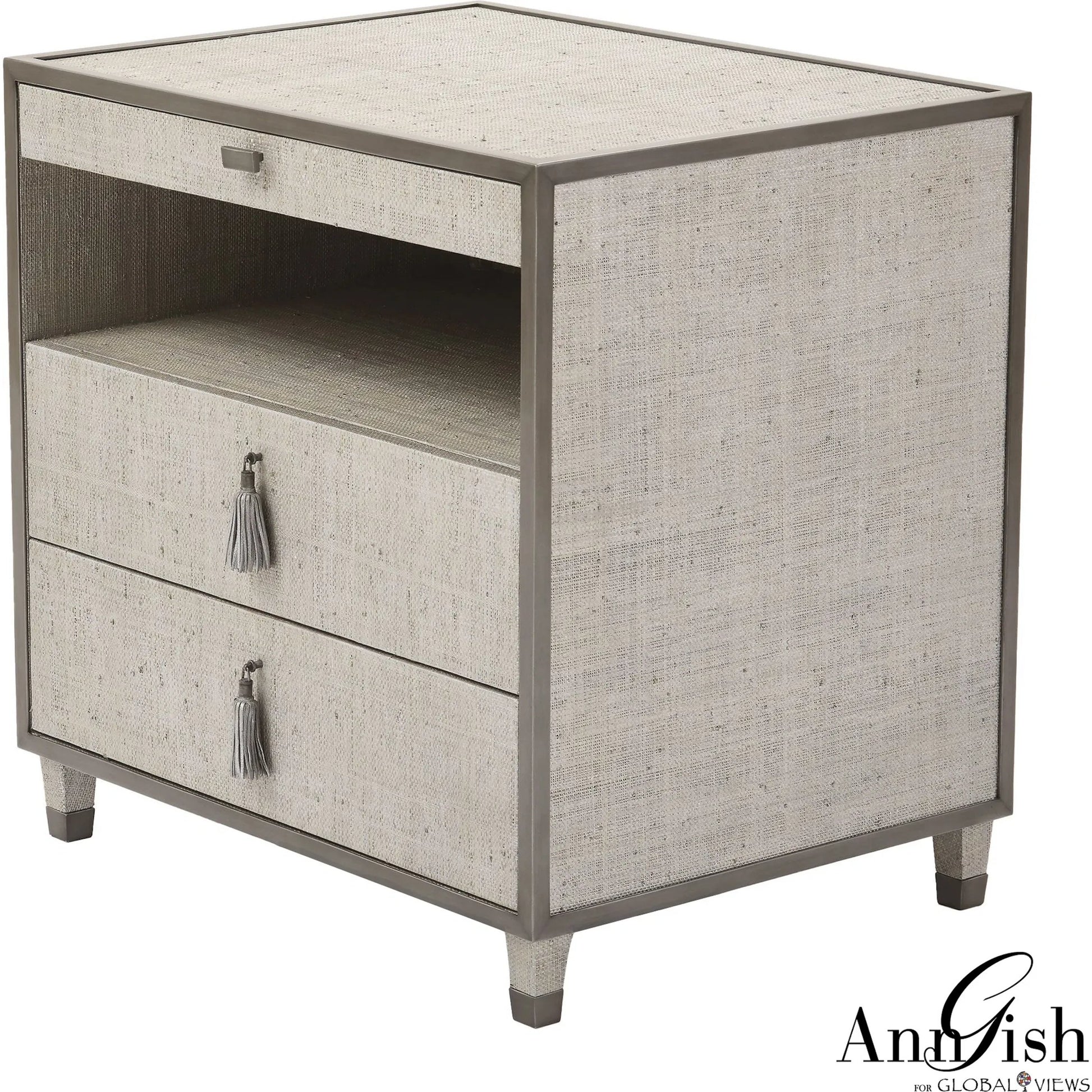 Argento Bedside Chest by Global Views in pewter. Made from acacia, beech, mdf, poplar, raffia, steel in a transitional style.