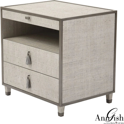 Argento Bedside Chest by Global Views in pewter. Made from acacia, beech, mdf, poplar, raffia, steel in a transitional style.