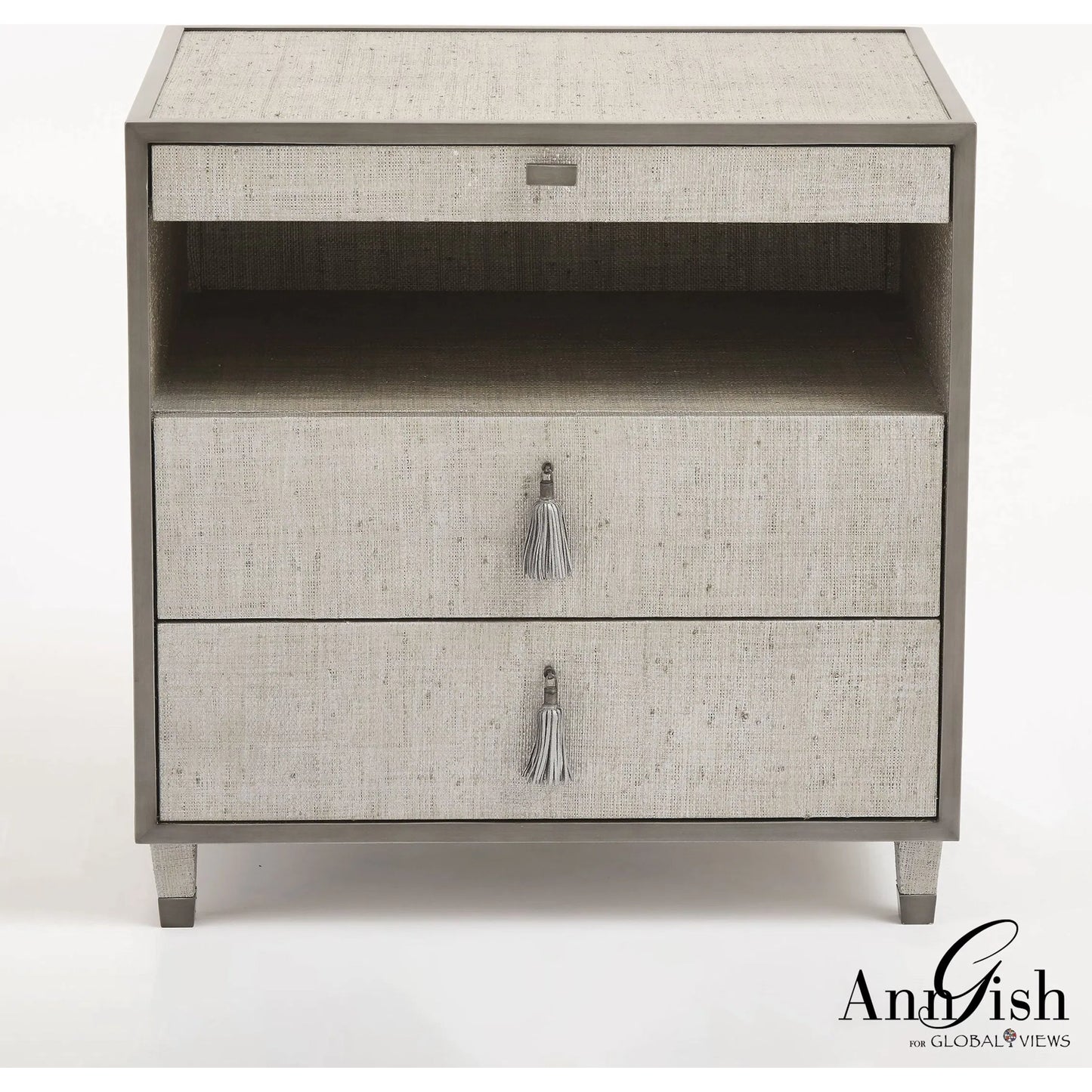 004 SR-700748 | Additional Silo | Argento Bedside Chest by Global Views in pewter. Made from acacia, beech, mdf, poplar, raffia, steel in a transitional style.