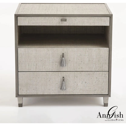Argento Bedside Chest by Global Views in pewter. Made from acacia, beech, mdf, poplar, raffia, steel in a transitional style.