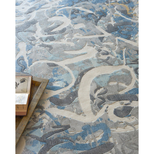 Gianni Rug by Exquisite Rugs in blues, silver, ivory. Made from wool, bamboo silk in a unique style.