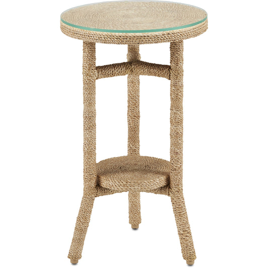 Limay Drinks Table by Currey and Company in natural rope, clear. Made from wrought iron, abaca rope, wood, glass in a coastal style.