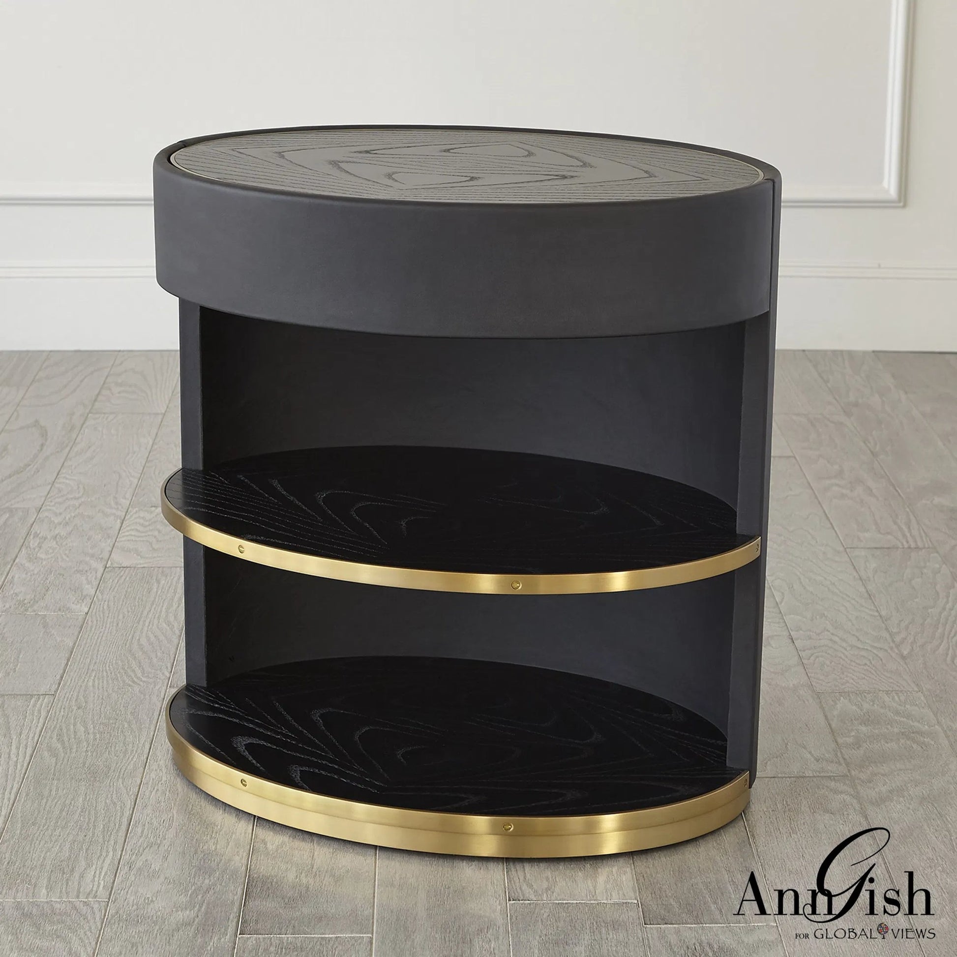 Ellipse Bedside Cabinet by Global Views in black. Made from poplar, oak, black lacquer in a modern style.