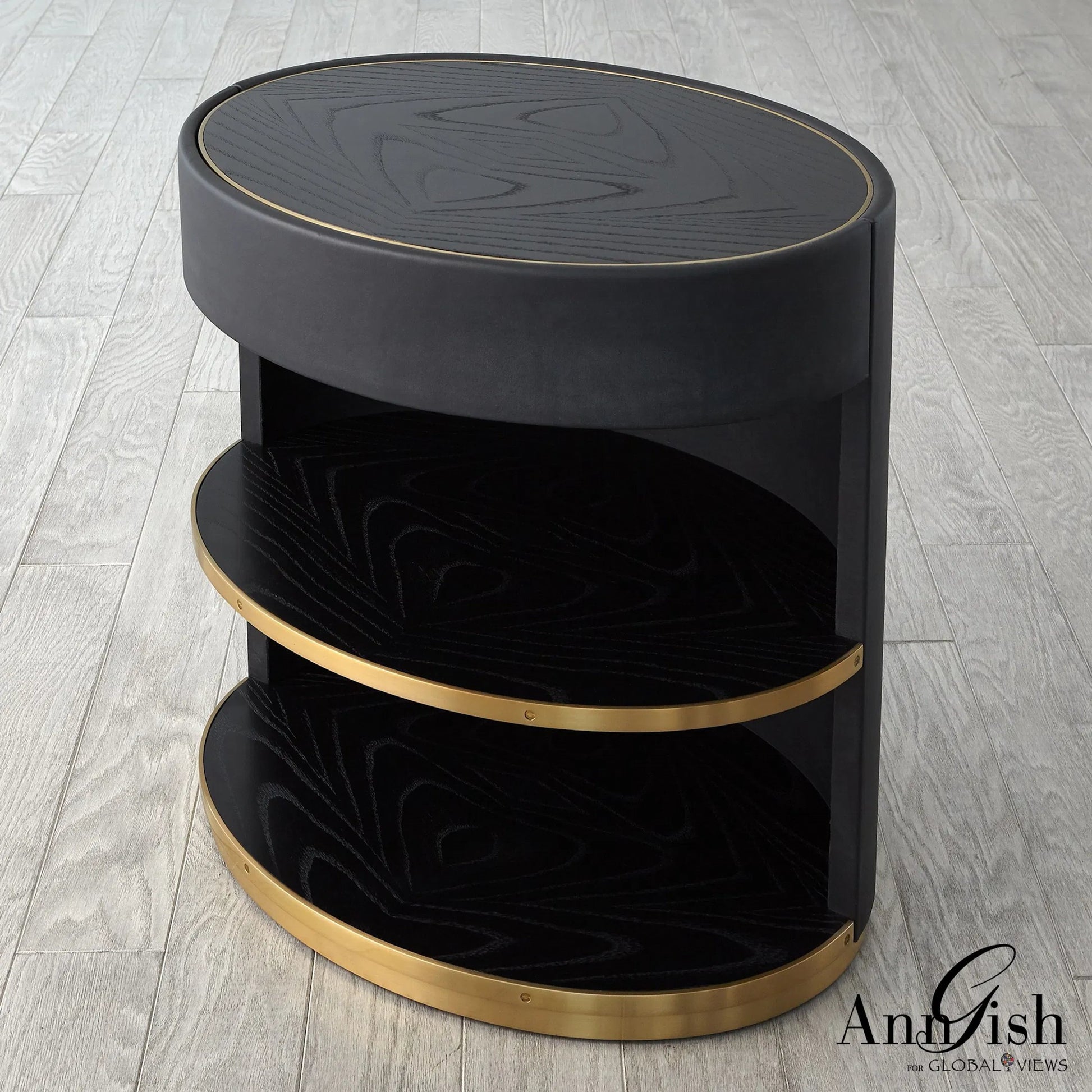 Ellipse Bedside Cabinet by Global Views in black. Made from poplar, oak, black lacquer in a modern style.