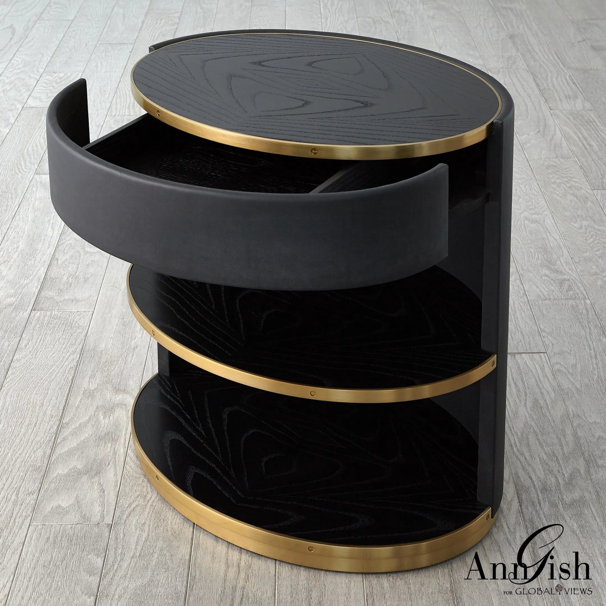 Ellipse Bedside Cabinet by Global Views in black. Made from poplar, oak, black lacquer in a modern style.