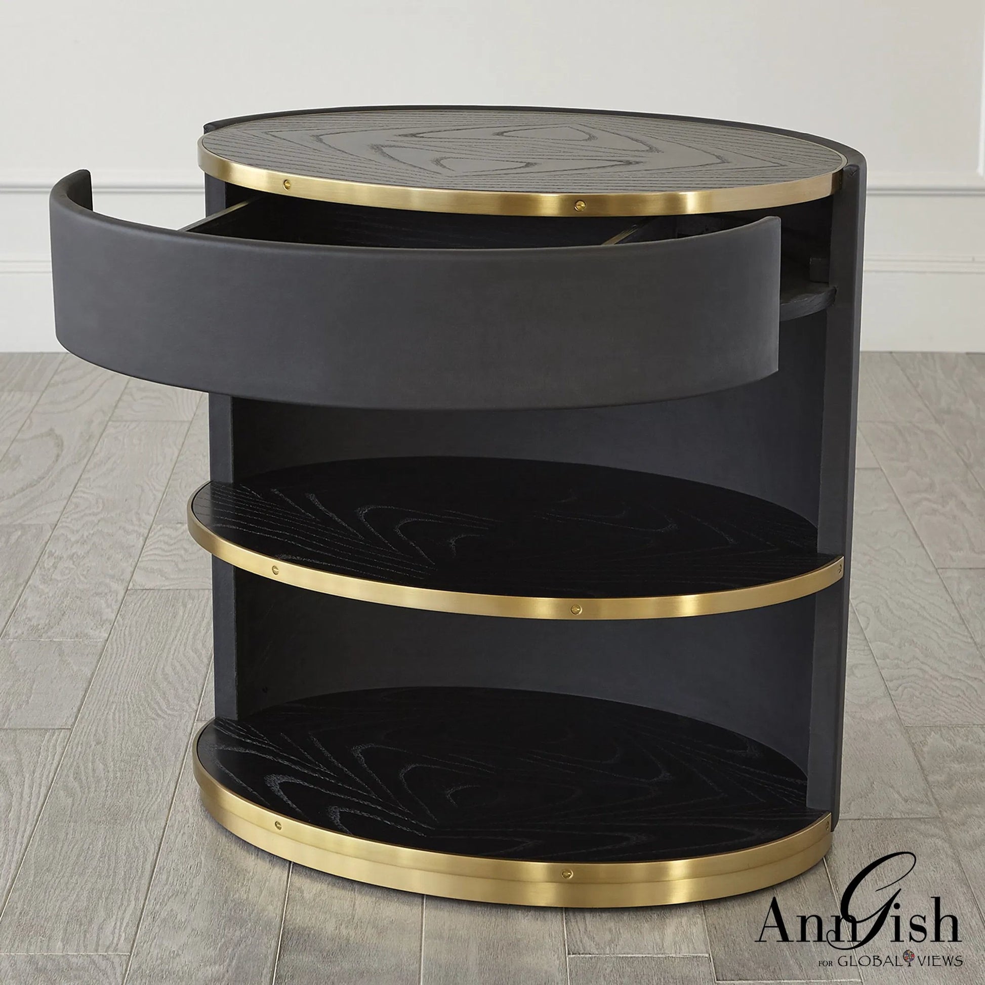 Ellipse Bedside Cabinet by Global Views in black. Made from poplar, oak, black lacquer in a modern style.