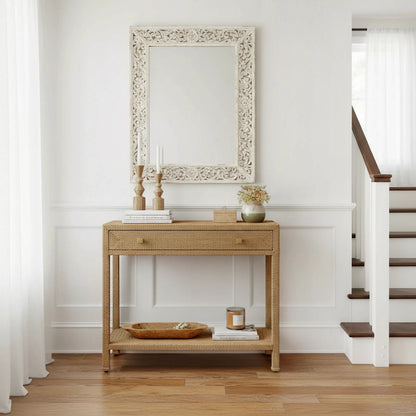 Como Console Table by Butler Specialty Company in natural and natural rattan. Made from banana leaf, mixed wood, plywood in a unique style.