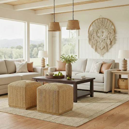 Como Accent Stool by Butler Specialty Company in natural and natural rattan. Made from banana leaf, mixed wood, plywood in a unique style.