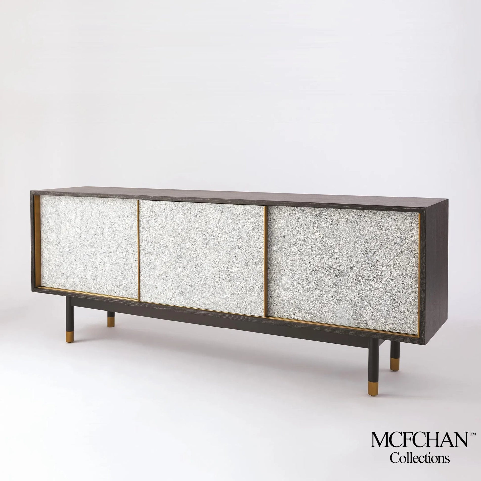 Ostara Media Cabinet by Global Views in acacia, oak. Made from beech, mdf, brass sabots, egg shell in a modern style.