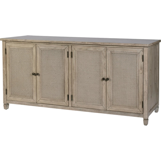 Flagstaff Sideboard by Butler Specialty Company in gray and desert sand. Made from mindi veneer, particle board, mindi wood, mixed wood, cane, laminated veneer lumber, plywood in a unique style.