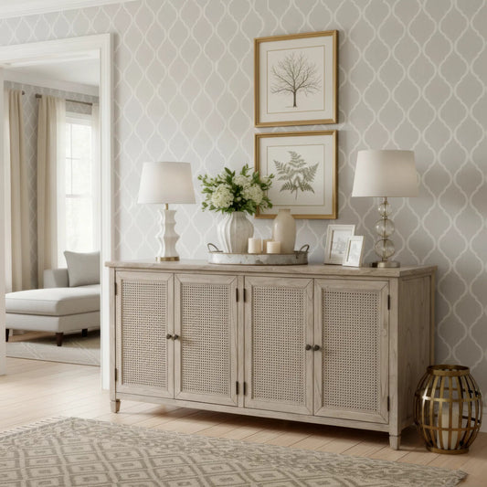 Flagstaff Sideboard by Butler Specialty Company in gray and desert sand. Made from mindi veneer, particle board, mindi wood, mixed wood, cane, laminated veneer lumber, plywood in a unique style.