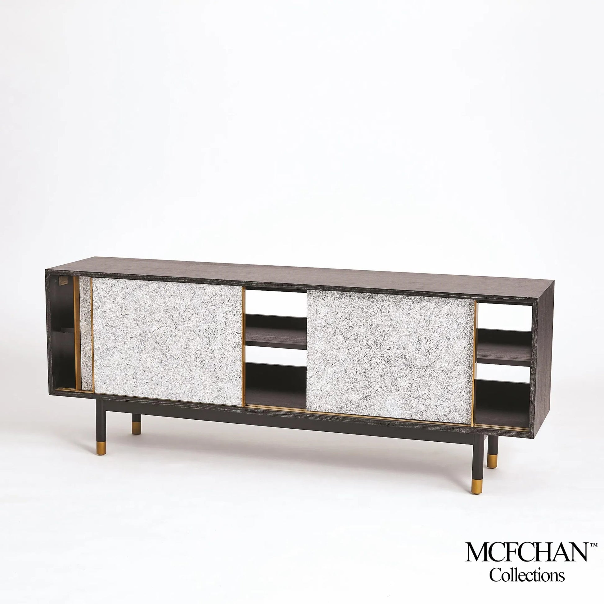 Ostara Media Cabinet by Global Views in acacia, oak. Made from beech, mdf, brass sabots, egg shell in a modern style.
