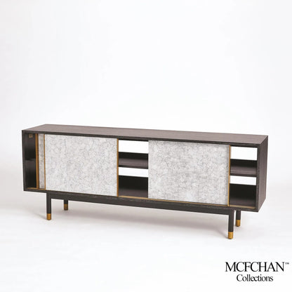 Ostara Media Cabinet by Global Views in acacia, oak. Made from beech, mdf, brass sabots, egg shell in a modern style.
