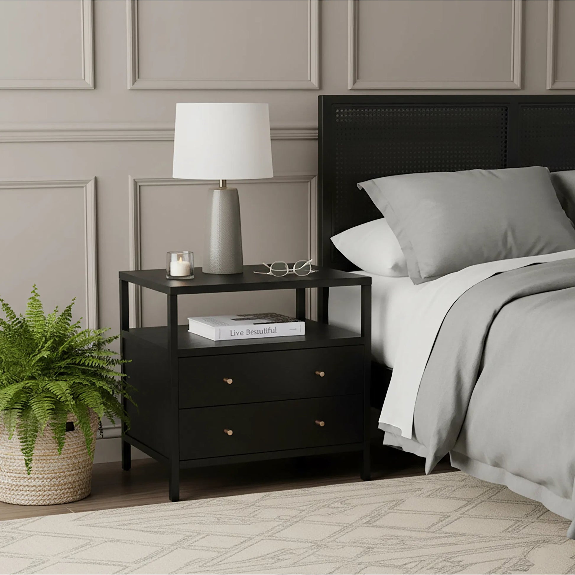 Mendel Nightstand by Butler Specialty Company. Made from white oak veneer, rubberwood, laminated veneer lumber, plywood in a traditional style.