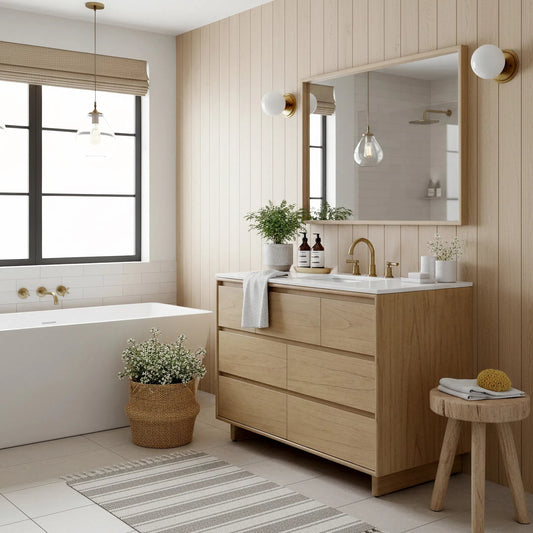 Halmstad Bathroom Vanity by Butler Specialty Company. Made from mdf, pine, mindi, plywood, quartz top, ceramic sink, veneer, composite wood in a transitional style.