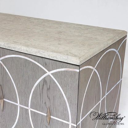 Holborn Collection Cabinet by Global Views in gray, oak. Made from oak, stainless steel, mother of pearl in a transitional style.