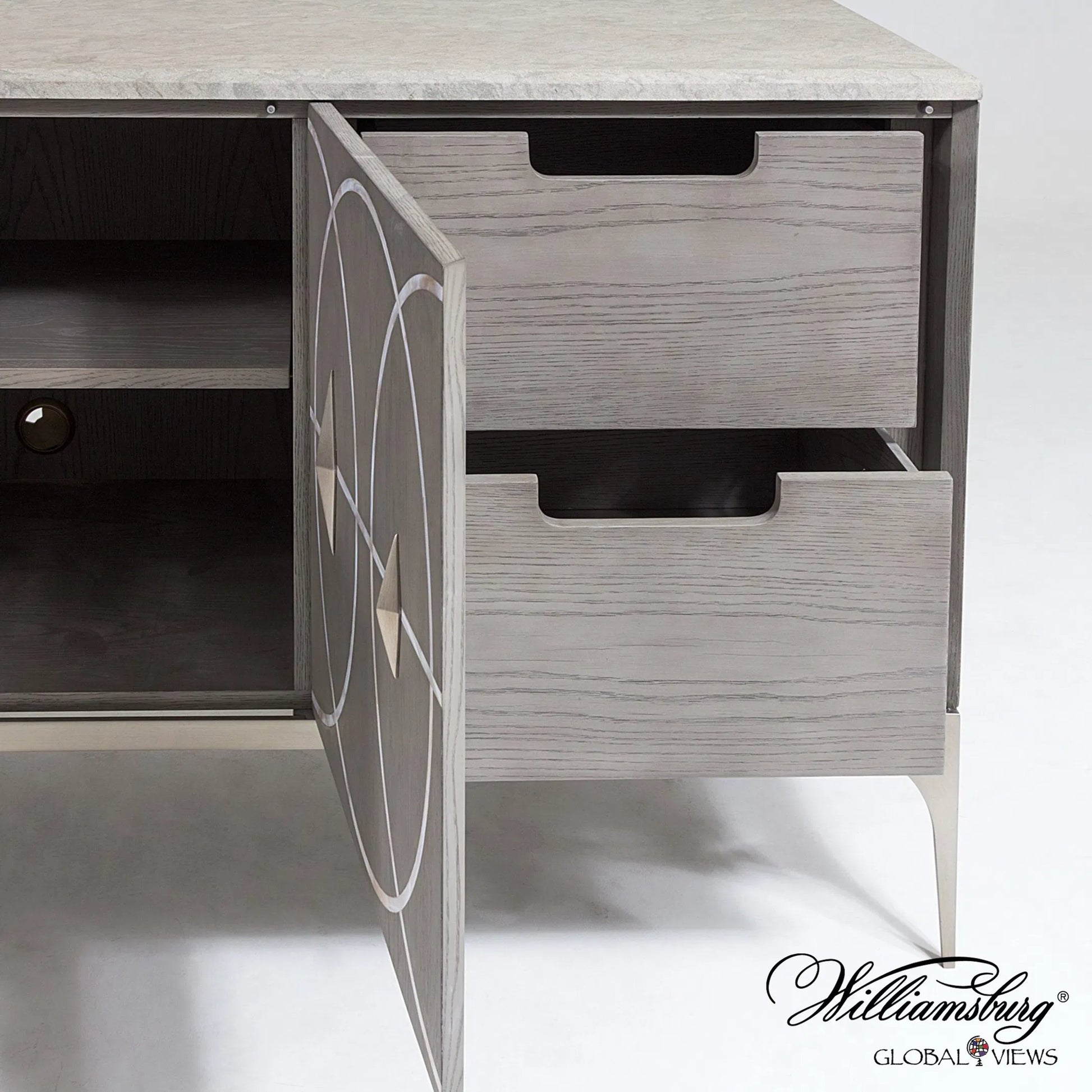 Holborn Collection Cabinet by Global Views in gray, oak. Made from oak, stainless steel, mother of pearl in a transitional style.
