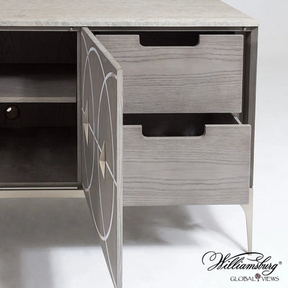 Holborn Collection Cabinet by Global Views in gray, oak. Made from oak, stainless steel, mother of pearl in a transitional style.