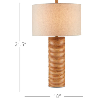Salome Table Lamp by Currey and Company in brass, natural rattan. Made from wrought iron, rattan in a coastal style.