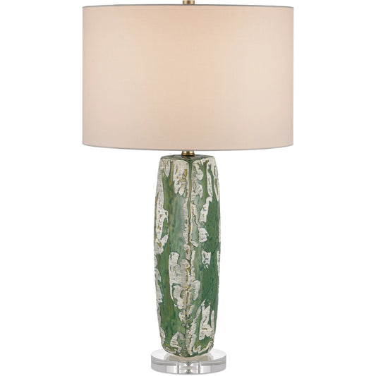 Zowan Table Lamp by Currey and Company in matte green smoke, clear. Made from ceramic, optic crystal in a modern style.