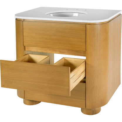 Genoa Bathroom Vanity by Butler Specialty Company in light oak. Made from mdf, eucalyptus, pine, plywood, composite wood, quartz, ceramic in a transitional style.