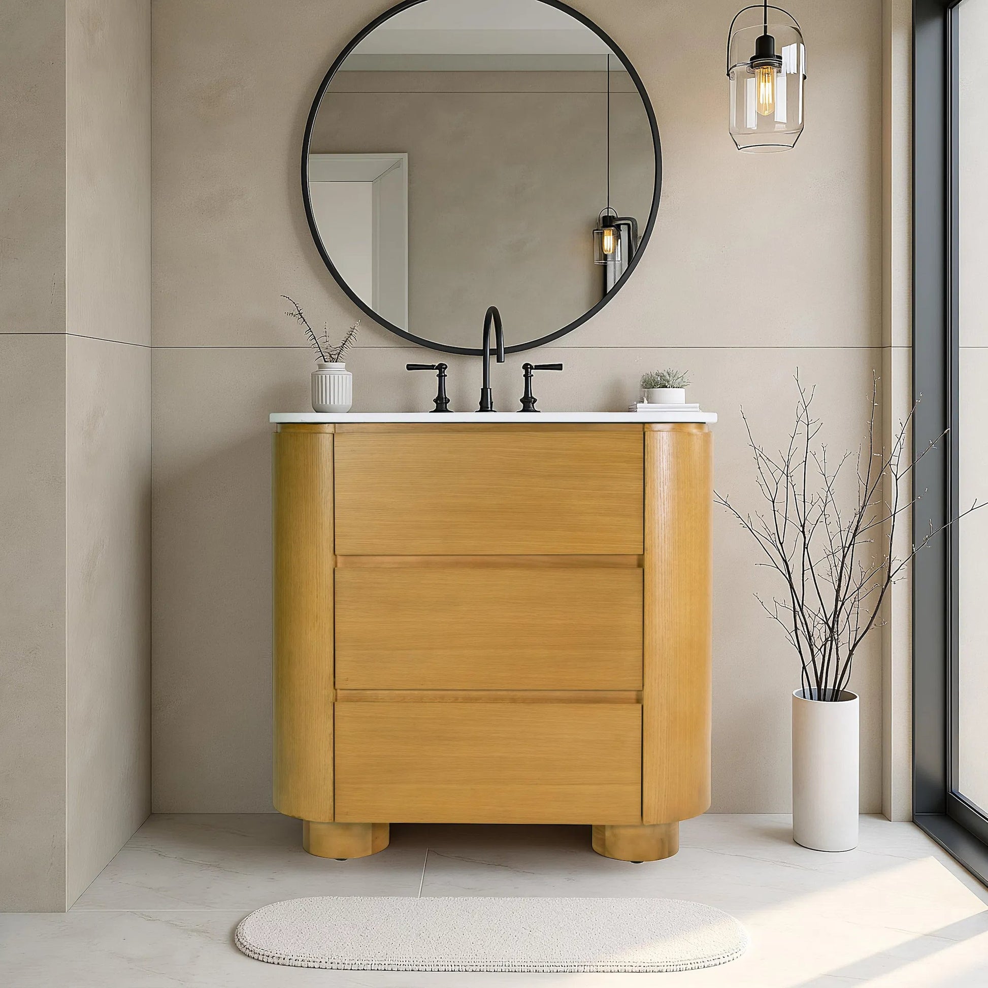 Genoa Bathroom Vanity by Butler Specialty Company in light oak. Made from mdf, eucalyptus, pine, plywood, composite wood, quartz, ceramic in a transitional style.