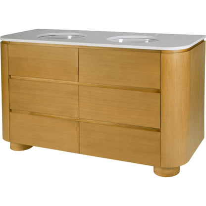 Genoa Bathroom Vanity by Butler Specialty Company in light oak. Made from mdf, eucalyptus, pine, plywood, composite wood, quartz, ceramic in a transitional style.
