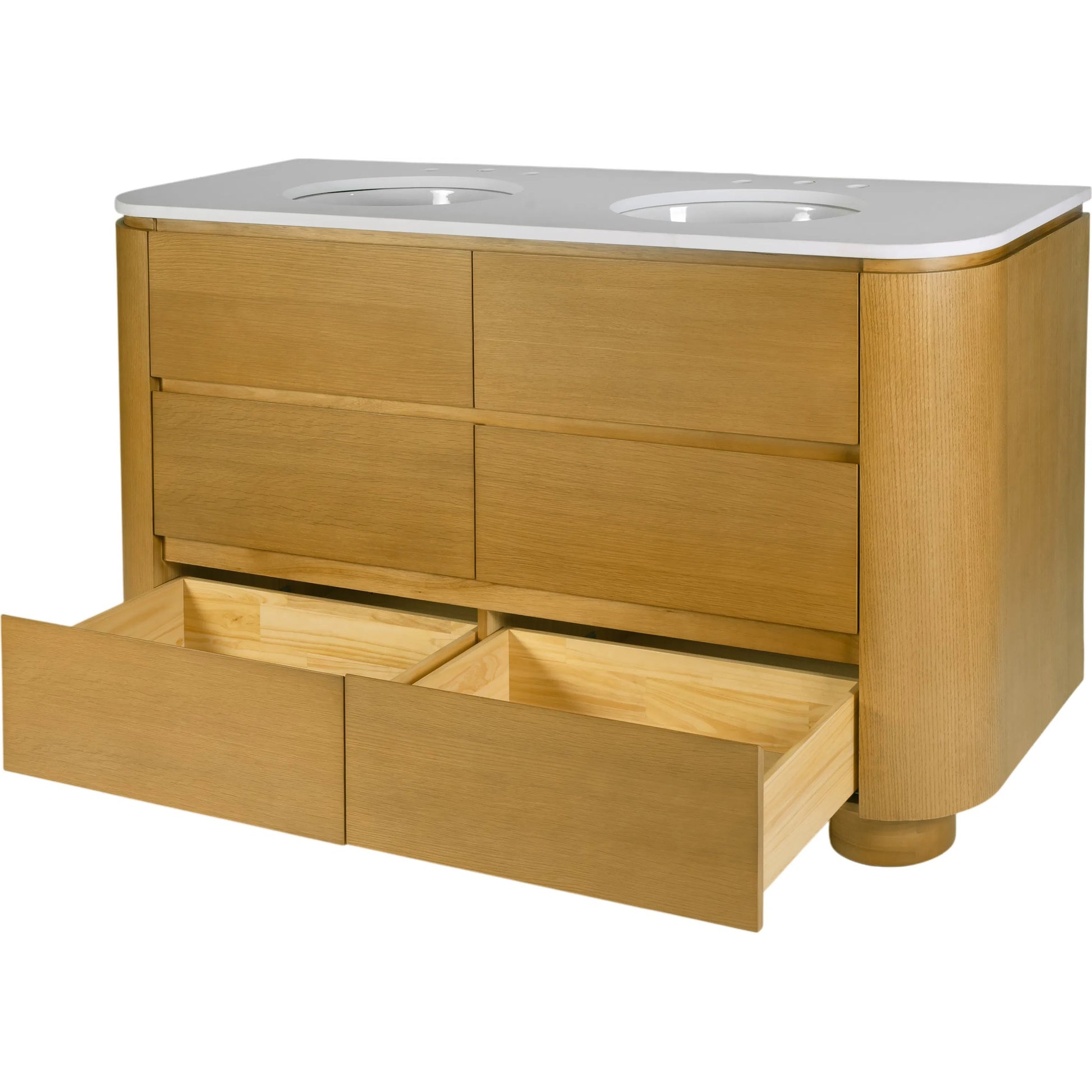 Genoa Bathroom Vanity by Butler Specialty Company in light oak. Made from mdf, eucalyptus, pine, plywood, composite wood, quartz, ceramic in a transitional style.