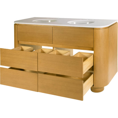 Genoa Bathroom Vanity by Butler Specialty Company in light oak. Made from mdf, eucalyptus, pine, plywood, composite wood, quartz, ceramic in a transitional style.