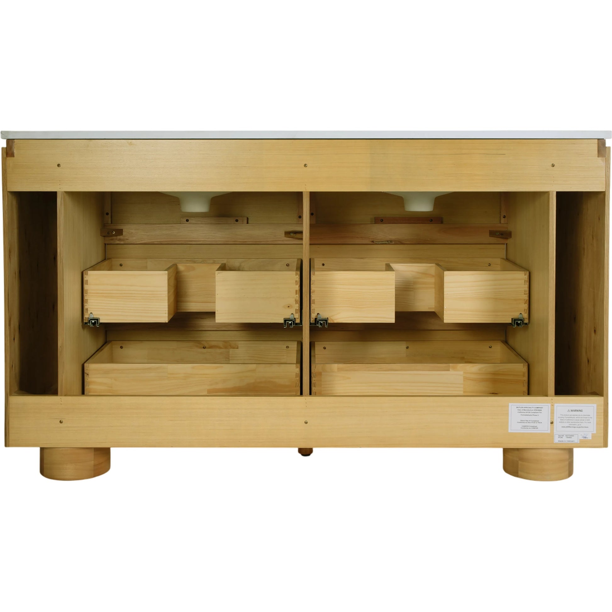 Genoa Bathroom Vanity by Butler Specialty Company in light oak. Made from mdf, eucalyptus, pine, plywood, composite wood, quartz, ceramic in a transitional style.