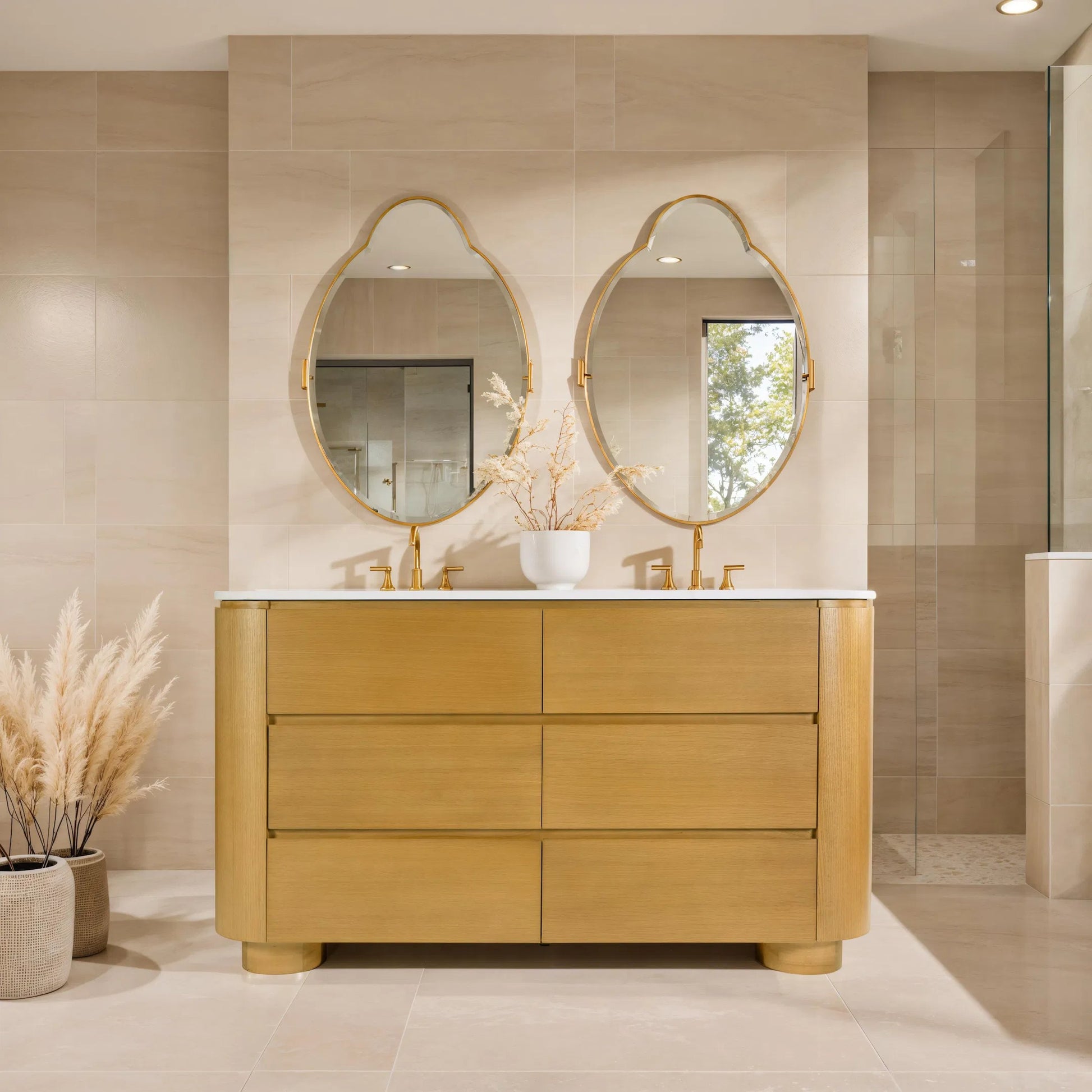 Genoa Bathroom Vanity by Butler Specialty Company in light oak. Made from mdf, eucalyptus, pine, plywood, composite wood, quartz, ceramic in a transitional style.