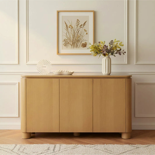 Genoa Sideboard by Butler Specialty Company in light oak. Made from white oak veneer/particle board, rubberwood, mdf in a transitional style.